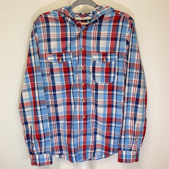 Levis Modern Fit Hooded Button Up L/S Shirt Mens Medium Red White Blue Plaid - Picture 3 of 16